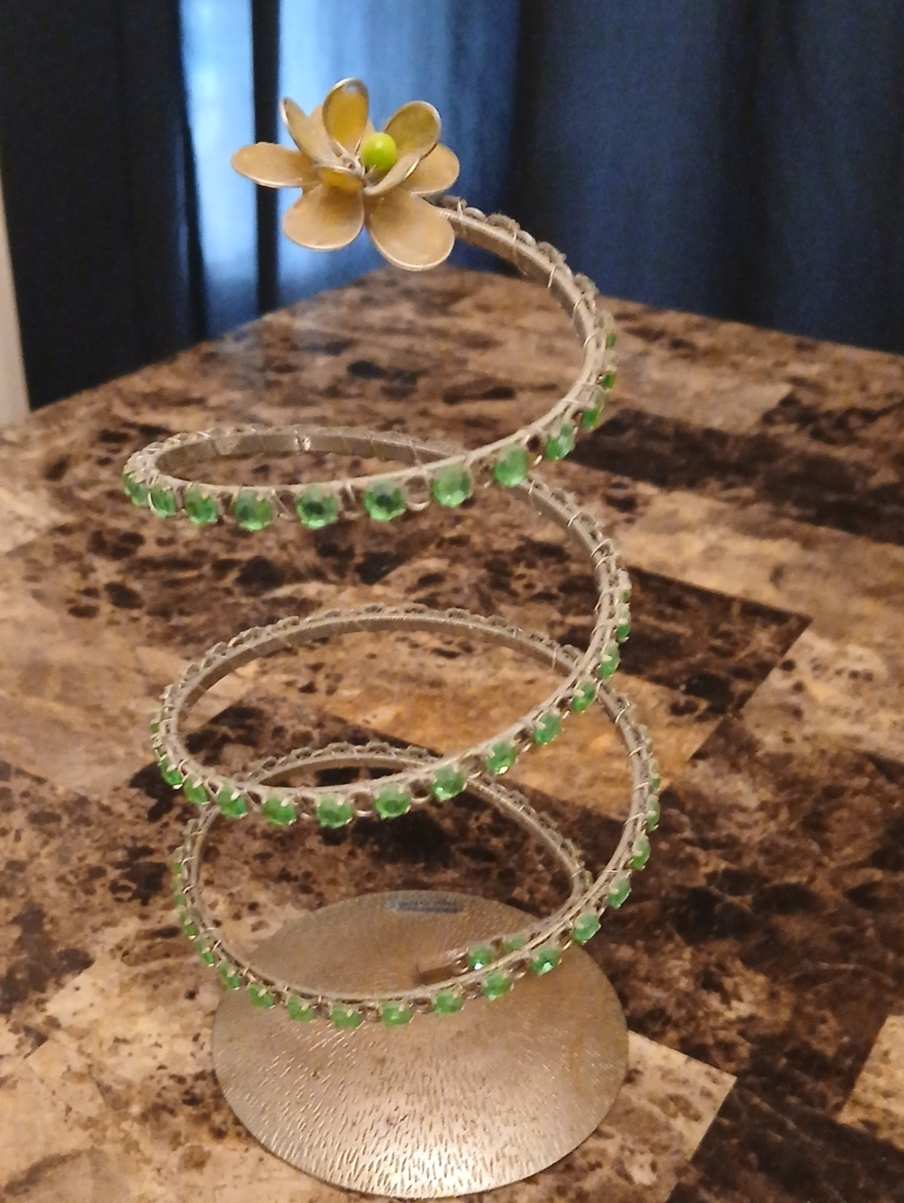 Women's Spiral Jewelry Stand/Earring Holder with Green Gems and Gold Flower